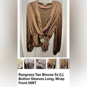 “Rye Grass” Tan SZ: (L) Long/Sleeve Criss Cross, Tie/Belt Mid-Drift Top NWT
